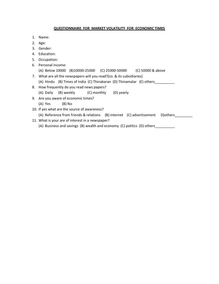 Questionnaire For Market Volatility For Economic Times | PDF