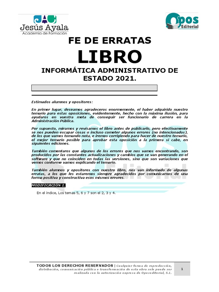 Fe Erratas Libro Inf Adm Estado 2021 (250122) | PDF | Microprocesador