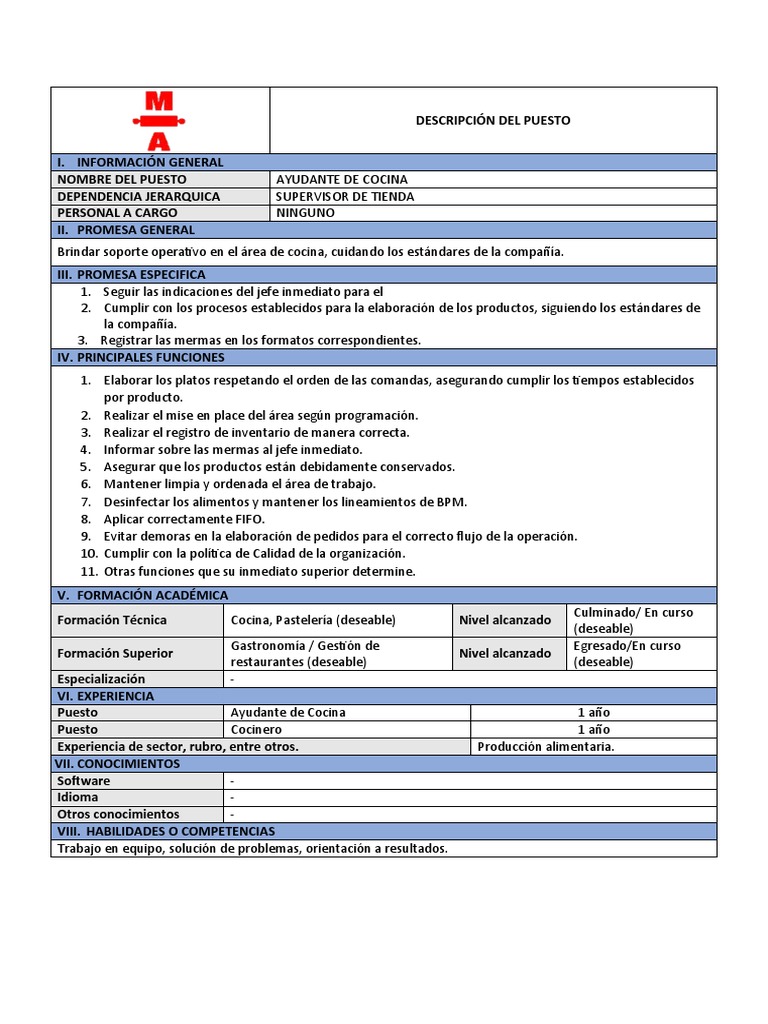 Ayudante de cocina - Descripción de puesto | PDF | Artes culinarias ...