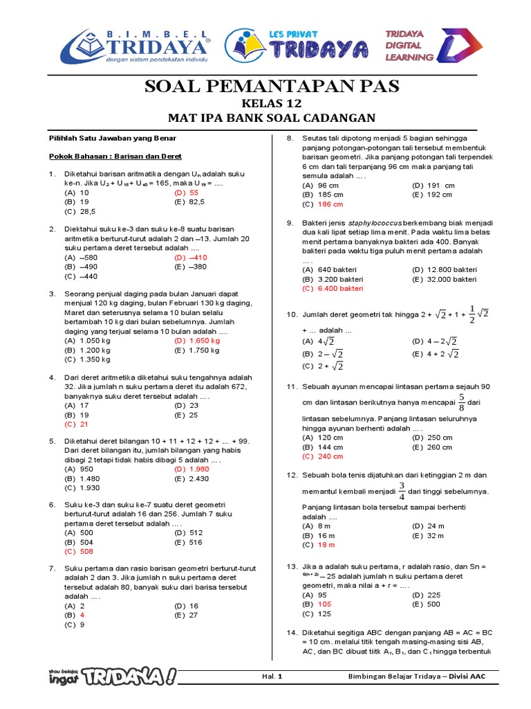 12 - MAT IPA - TAP PAS SEM 1 - Bank Soal Cad 2223 | PDF