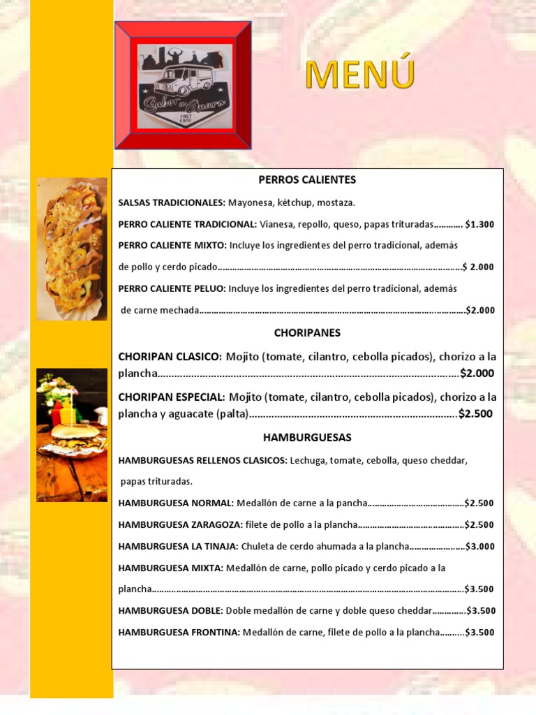 Menú Sabor A Guaro | PDF | Pancho | Hamburguesas