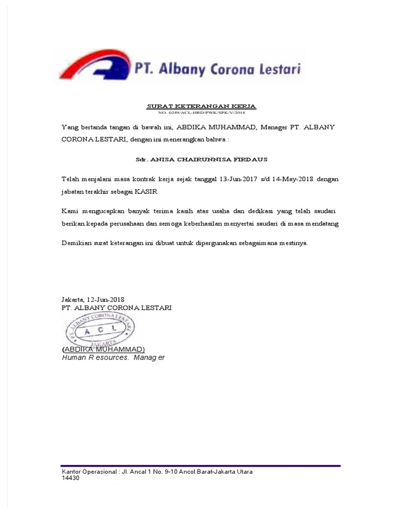 Surat Keterangan Kerja | PDF