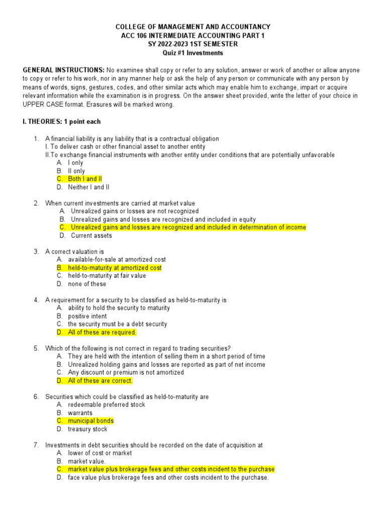 Investment Quiz for BCom Students | PDF | Stocks | Securities (Finance)