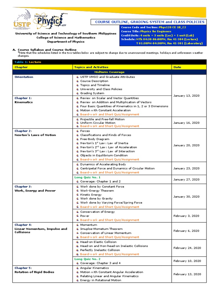 Phys120 Course Outline and Schedule | PDF | Force | Collision