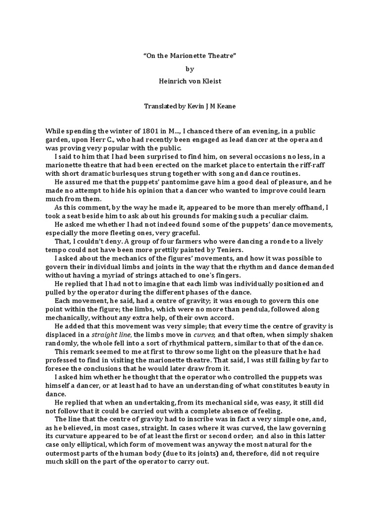 "On The Theatre" by Heinrich Von Kleist PDF Dances Performing Arts