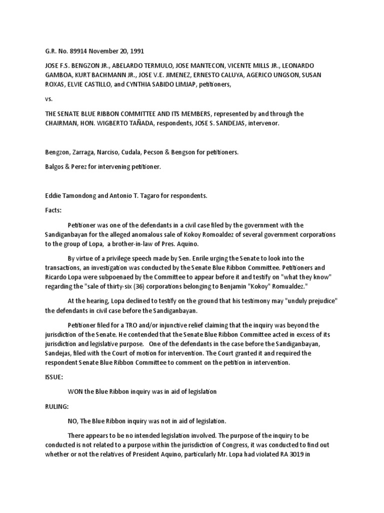 Bengzon V Senate Blue Ribbon Committee PDF United States Congress