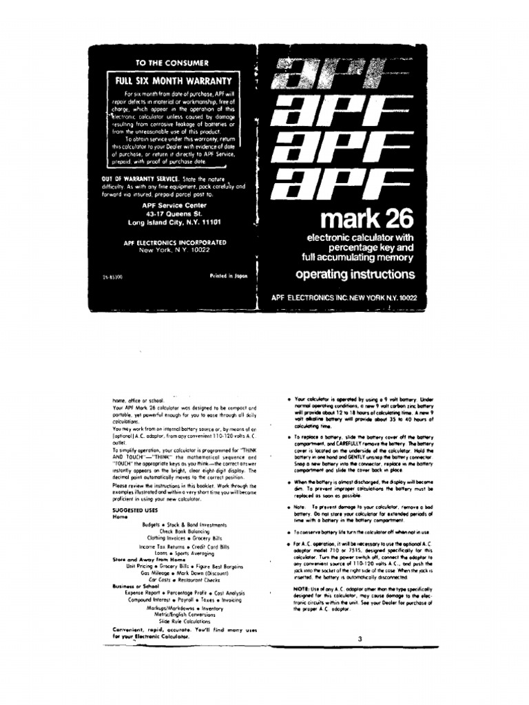 APF Mark 26 Electronic Calculator Manual PDF