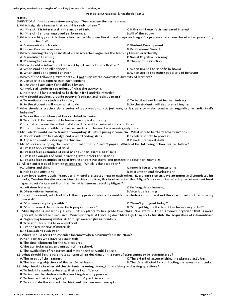 Teaching Principles and Strategies Quiz | PDF | Learning | Teaching Method