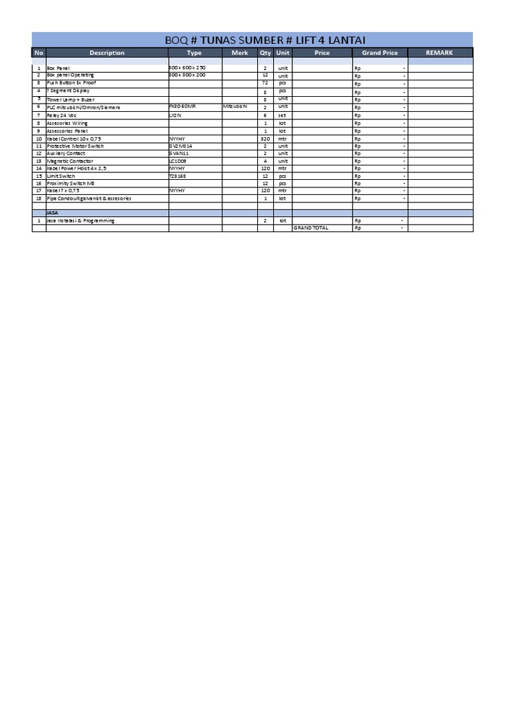 BOQ Kontrol Lift Barang | PDF | Electrical Equipment | Electromagnetism