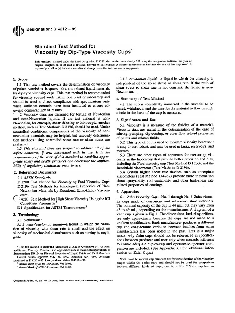 ASTM D421299 Viscosity Zahn Cup PDF Viscosity Liquids
