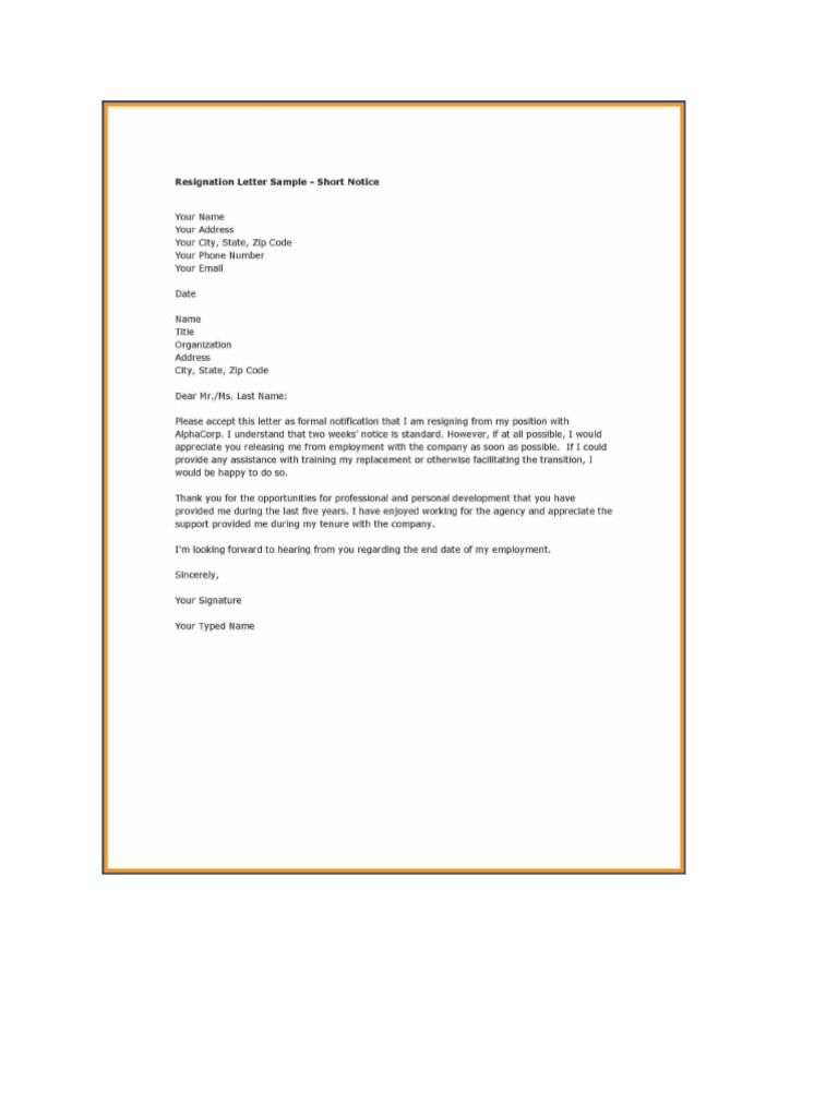 Simple Resignation Letter Template Sample | PDF