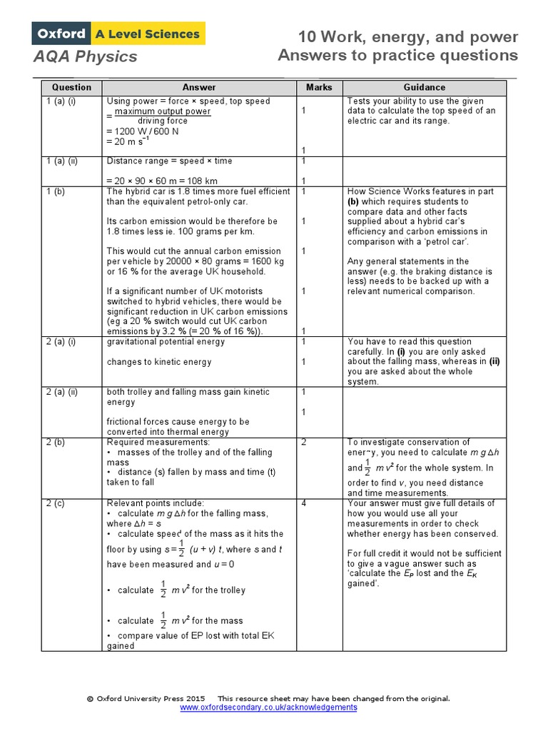 10 Work Energy and Power Answers To Practice Questions | PDF ...
