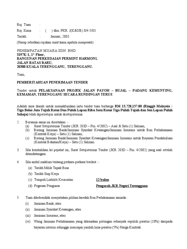 Contoh Surat Setuju Terima Projek Daripada Kontraktor Kepada Jkr
