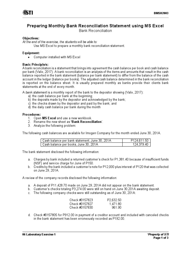 Monthly Bank Reconciliation Exercise | PDF | Banks | Deposit Account
