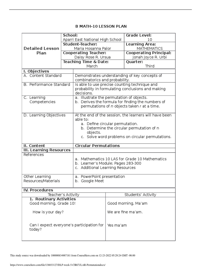 Circular Permutation Lesson Plan | PDF | Permutation | Learning