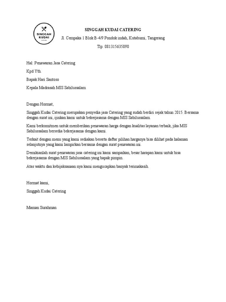 Proposal Penawaran Kejasama Jasa Catering Al Fateeh Pdf