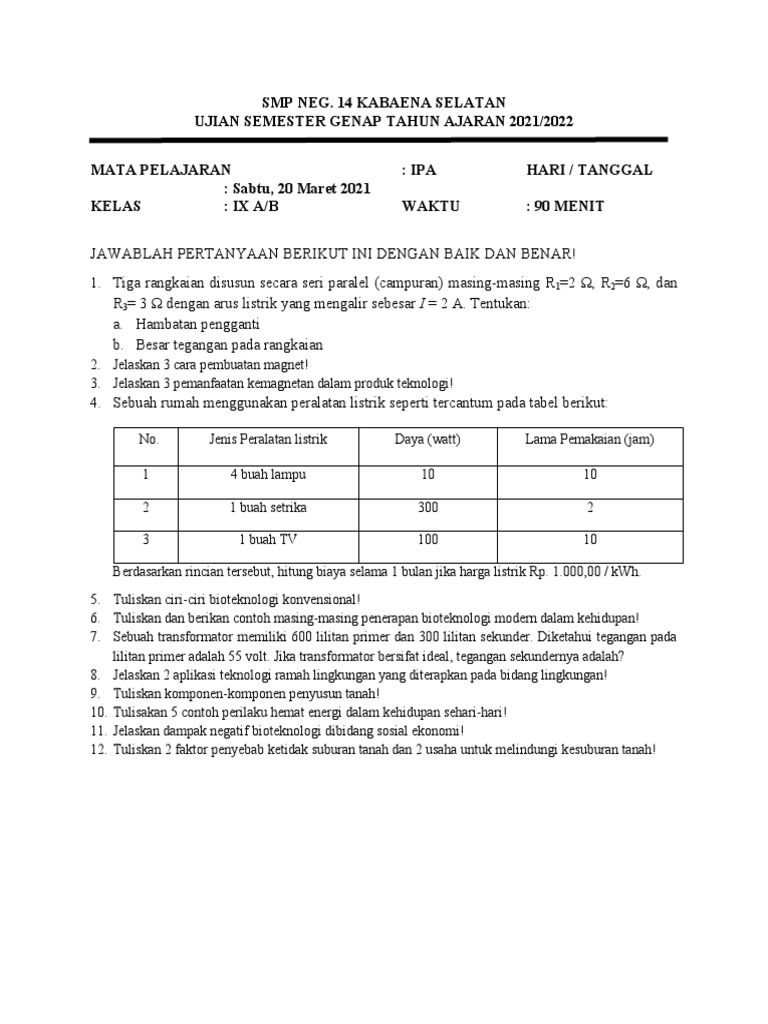 Soal Smester 2 Kelas 9 Pdf