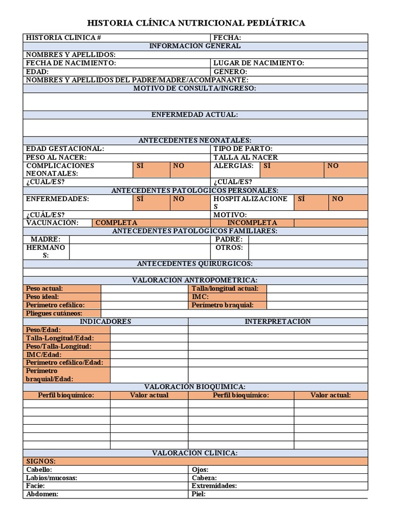 FORMATO DE HISTORIA CLÍNICA NUTRICIONAL PEDIÁTRICA | PDF | Alimentos ...