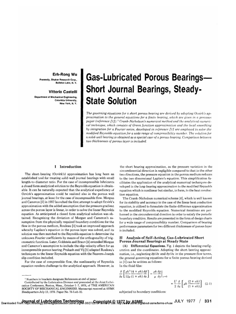 GasLubricated Porous Bearings Short Journal Bearings, SteadyState