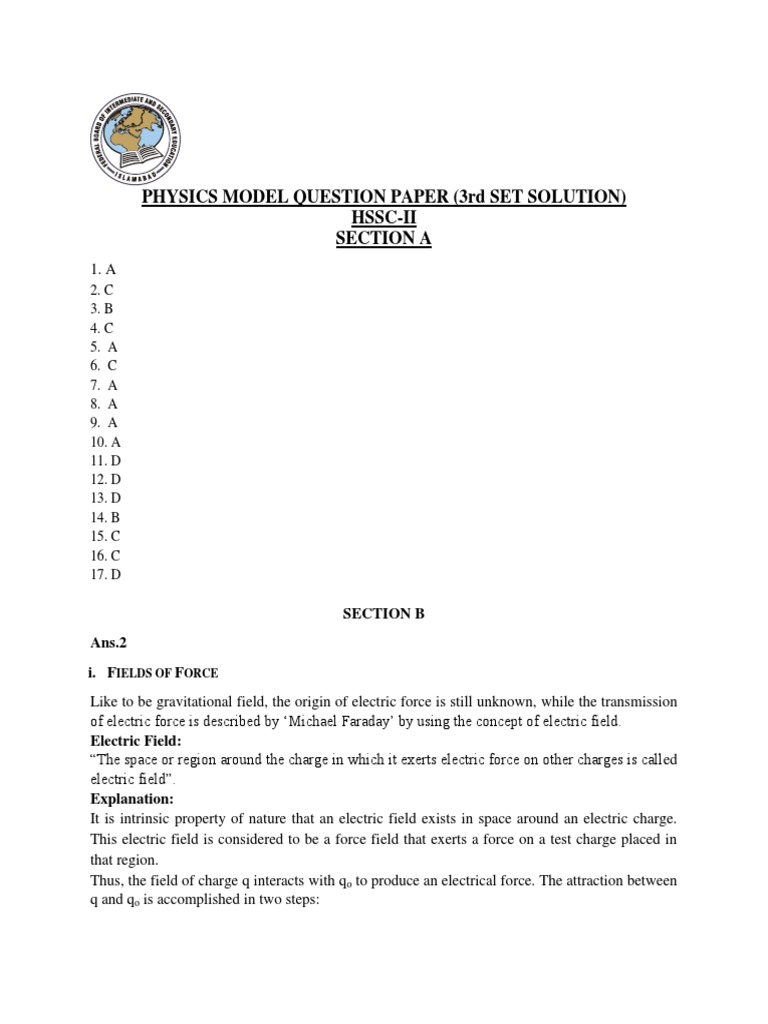 HSSC-II Physics Model Paper Solutions | PDF | Transformer | Inductor