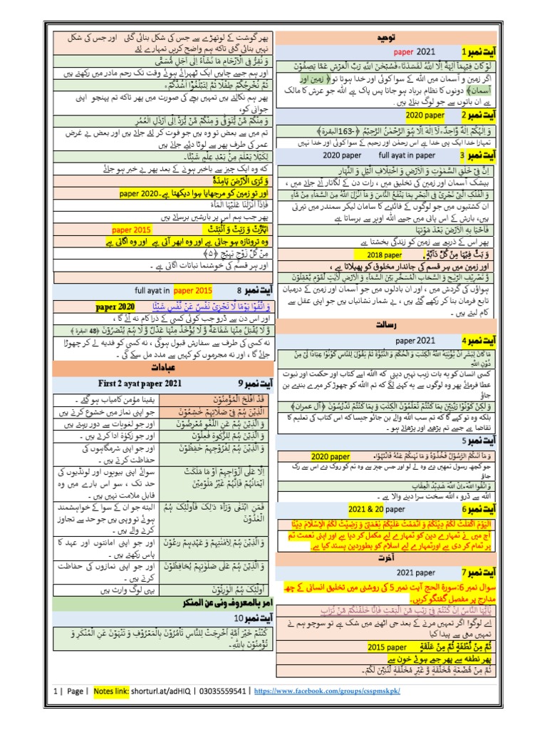 Tehsildar Islamiat Notes in URDU Only Ayat With Translation | PDF