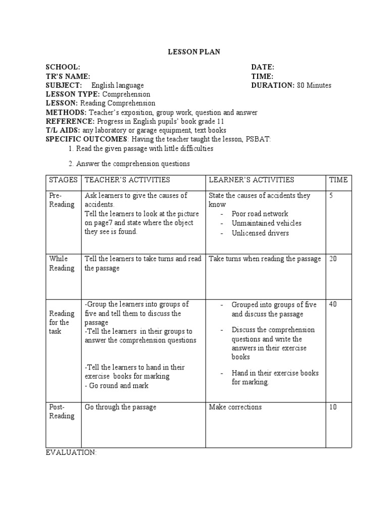 Grade 11 Reading Comprehension Lesson Plan | PDF