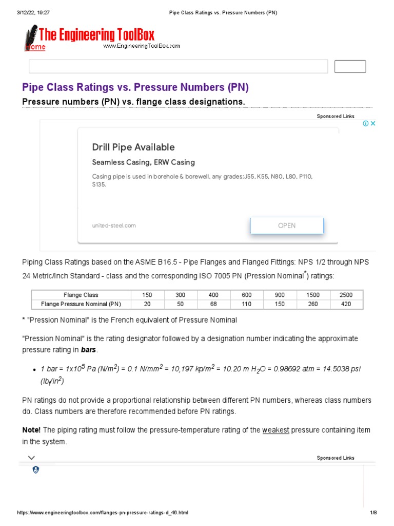 Pipe Class Ratings vs. Pressure Numbers (PN) PDF