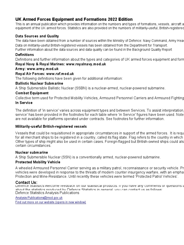 UK Armed Forces Equipment and Formations 2022 Tables PDF