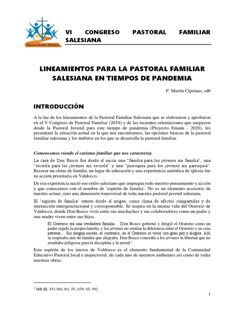 Lineamientos para La Pastoral Familiar Salesiana en Tiempo de Pandemia ...