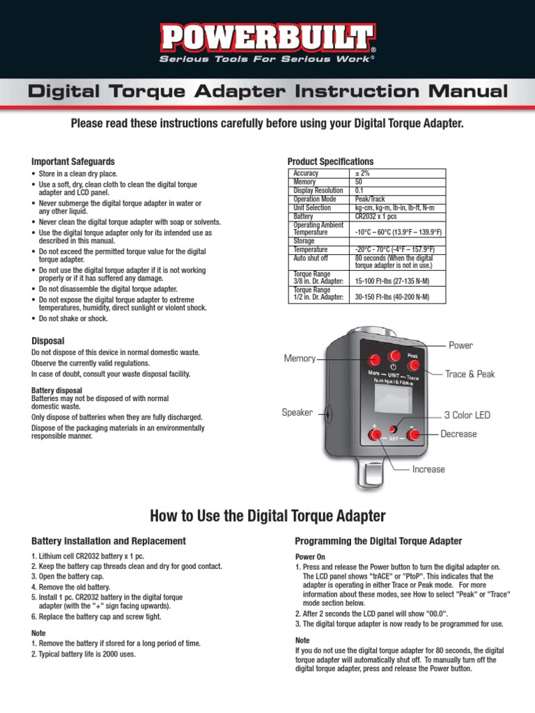 Digital Torque Adapter Instruction Manual | PDF | Manufactured Goods