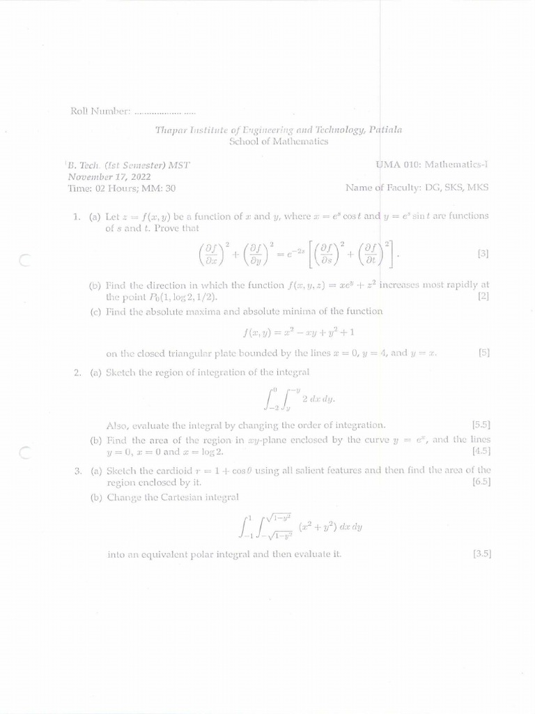Analysis of a mathematics exam containing questions on multivariable