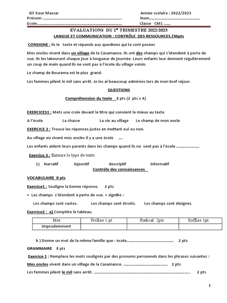 évaluation Français Ce2 3ème Trimestre Pdf Epreuves CM1 1er Évaluation 2022 2023 Ok - 110453 | PDF | Verbe | Déchets