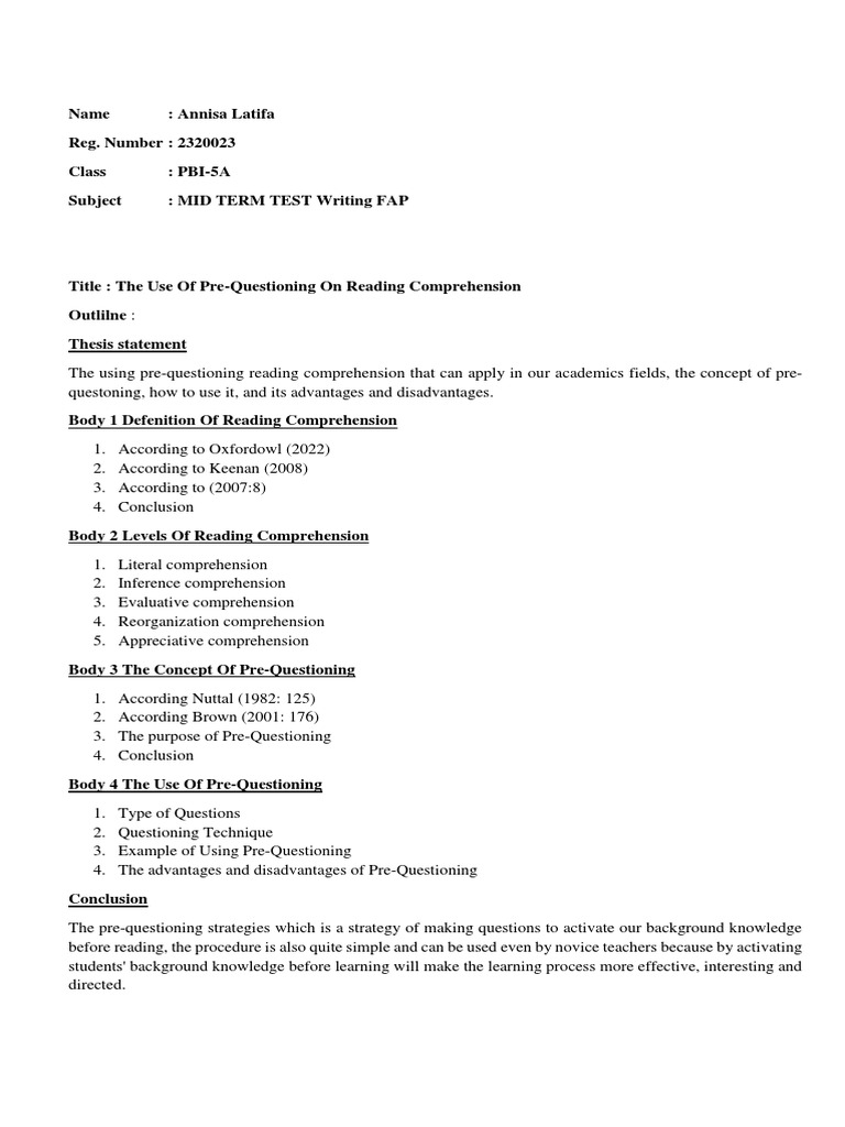 The Use of Pre-Questioning in Reading Comprehension | PDF | Reading ...