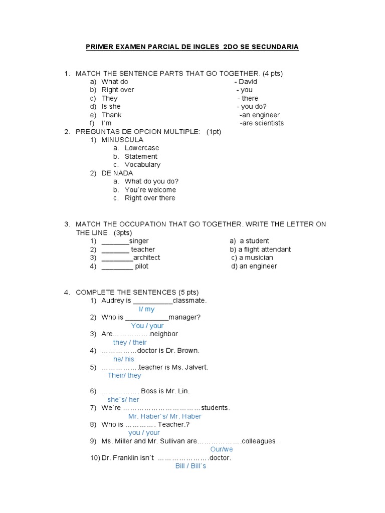 Examen Parcial de Inglés 2do Secundaria | PDF