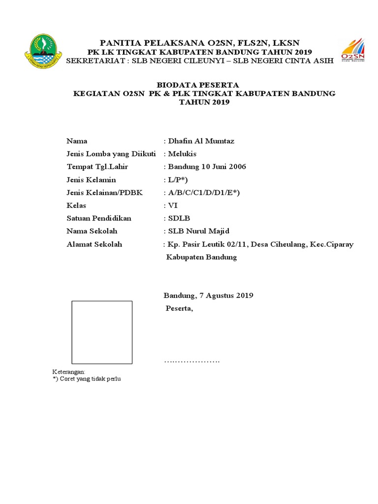 Biodata Peserta O2SN Kabupaten Bandung 2019 | PDF