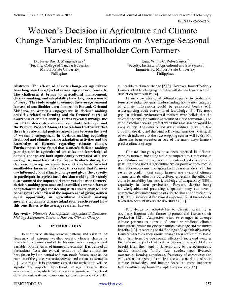 Women's Decision in Agriculture and Climate Change Variables Implications On Average Seasonal
