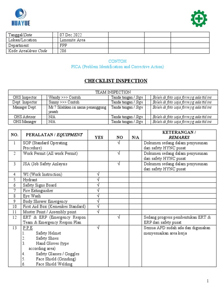 Limonite Area Safety Inspection Checklist | PDF