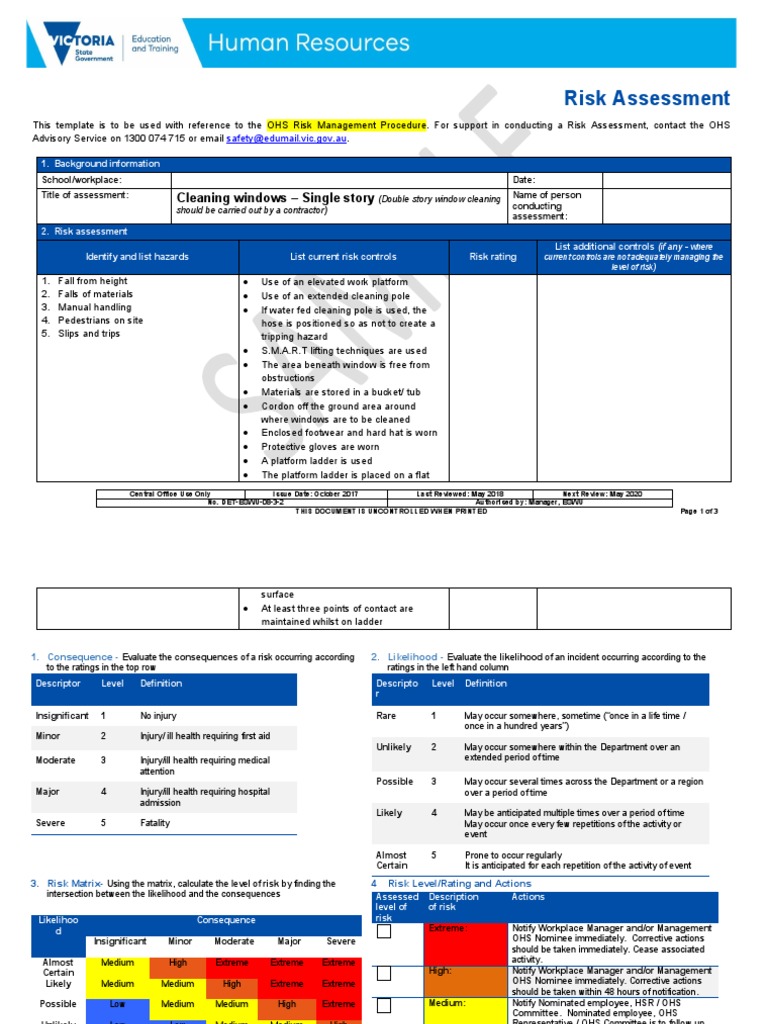 Cleaning Window Risk Assessment PDF Risk Risk Assessment