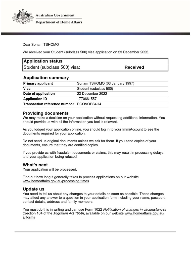 Student Visa Application Acknowledgement | PDF