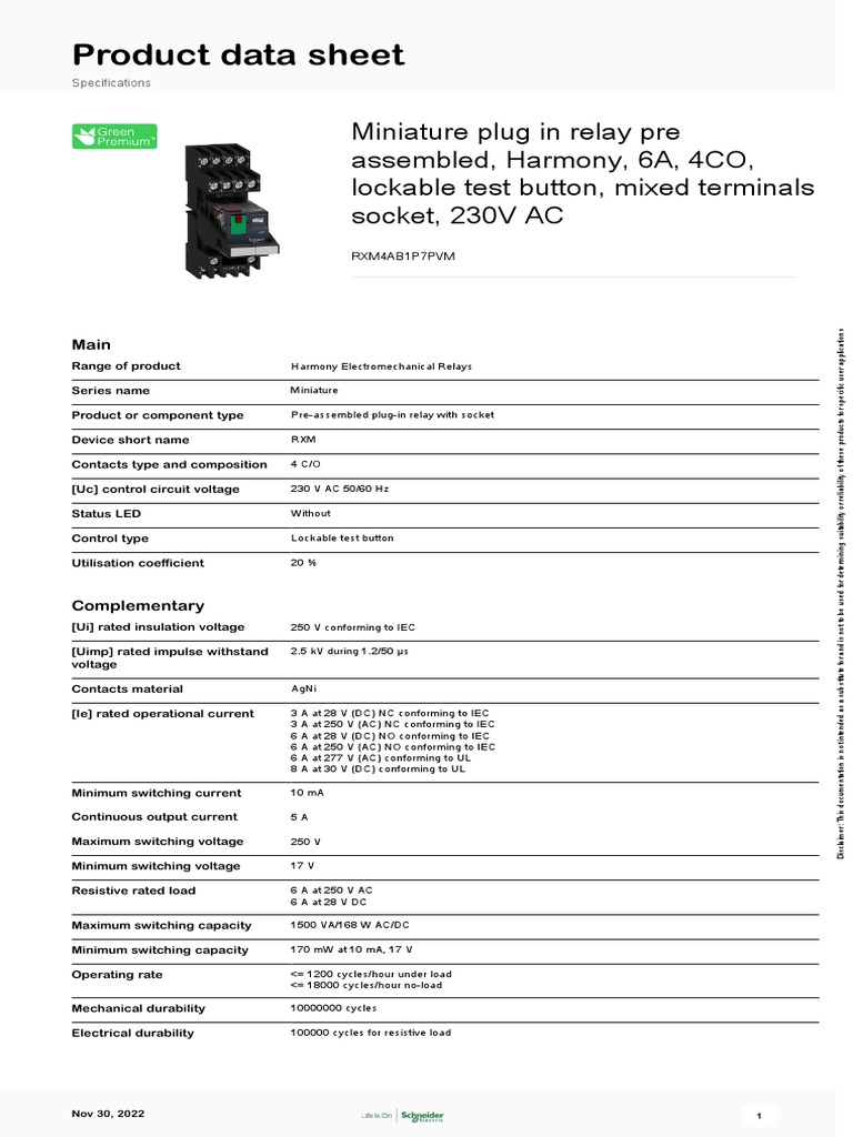Harmony Electromechanical Relays RXM4AB1P7PVM PDF Electrical