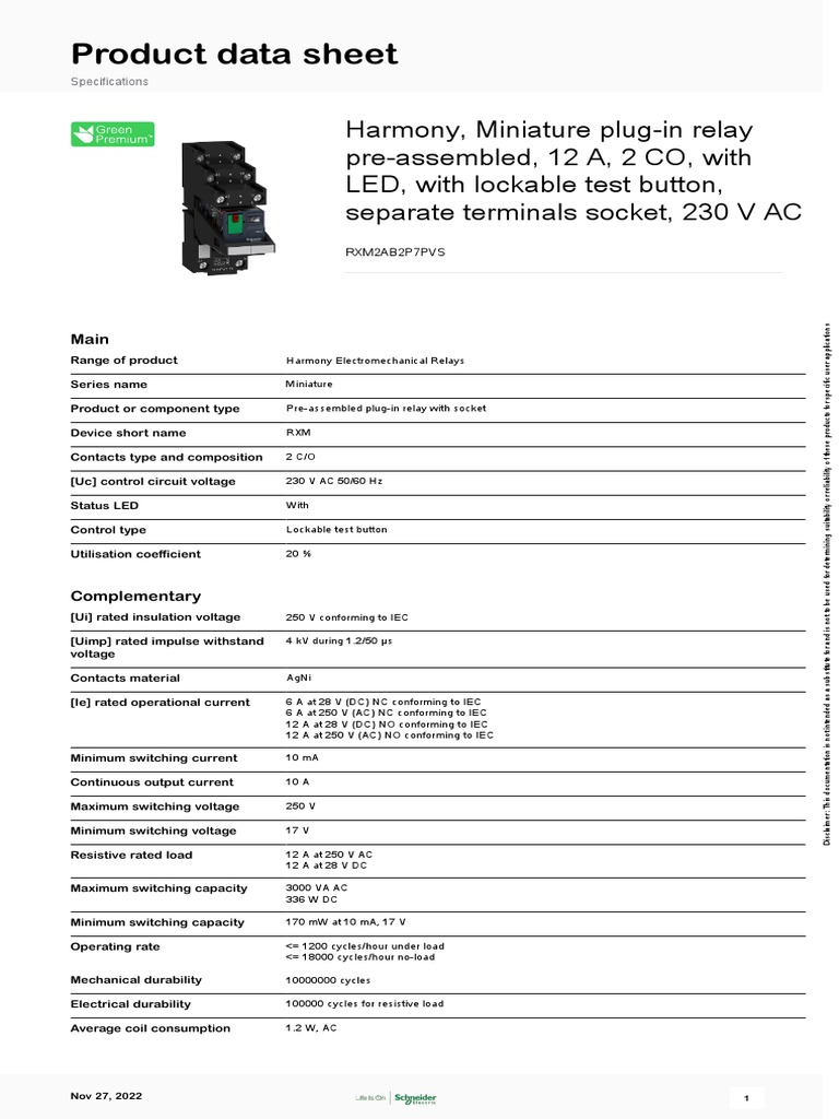 Miniature Plug-in Relay RXM2AB2P7PVS | PDF | Relay | Alternating Current