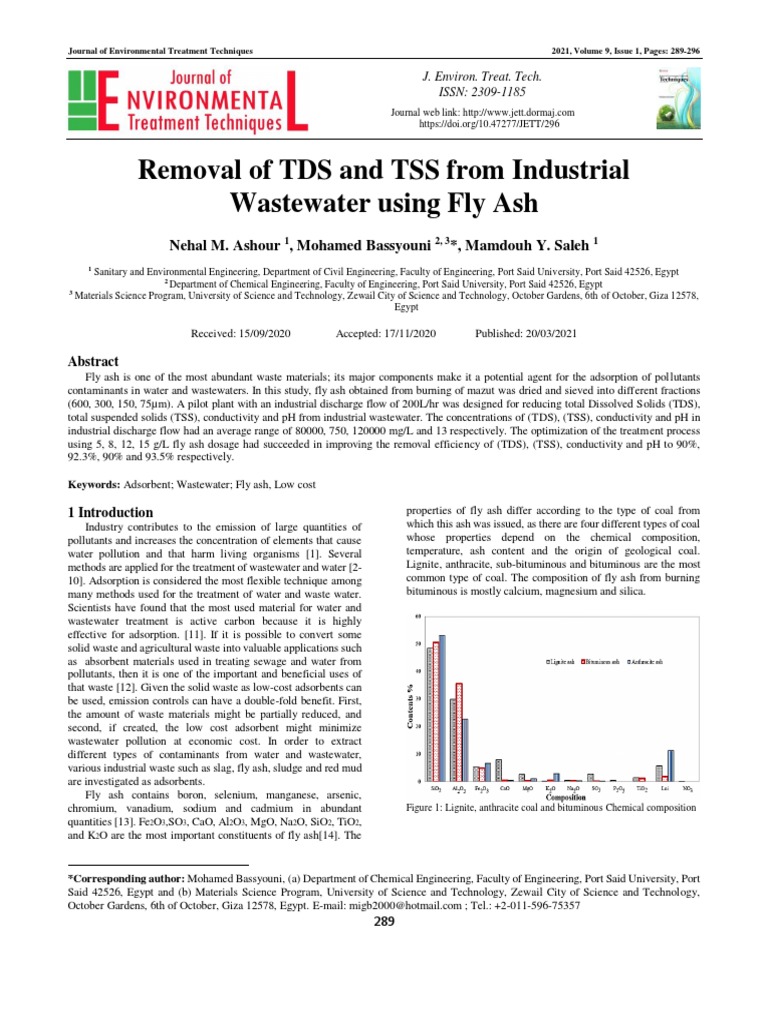 TDS and TSS Removal Using Fly Ash | PDF | Fly Ash | Sewage Treatment
