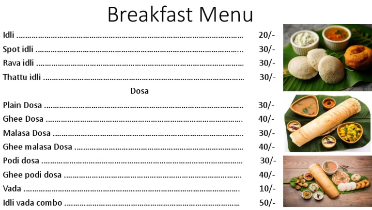 South Indian breakfast specialties menu with pricing from a local cafe