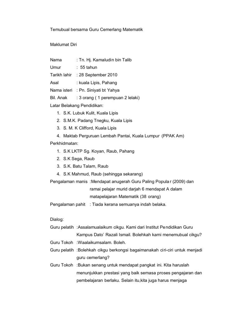 Temubual Bersama Guru Cemerlang Matematik Pdf