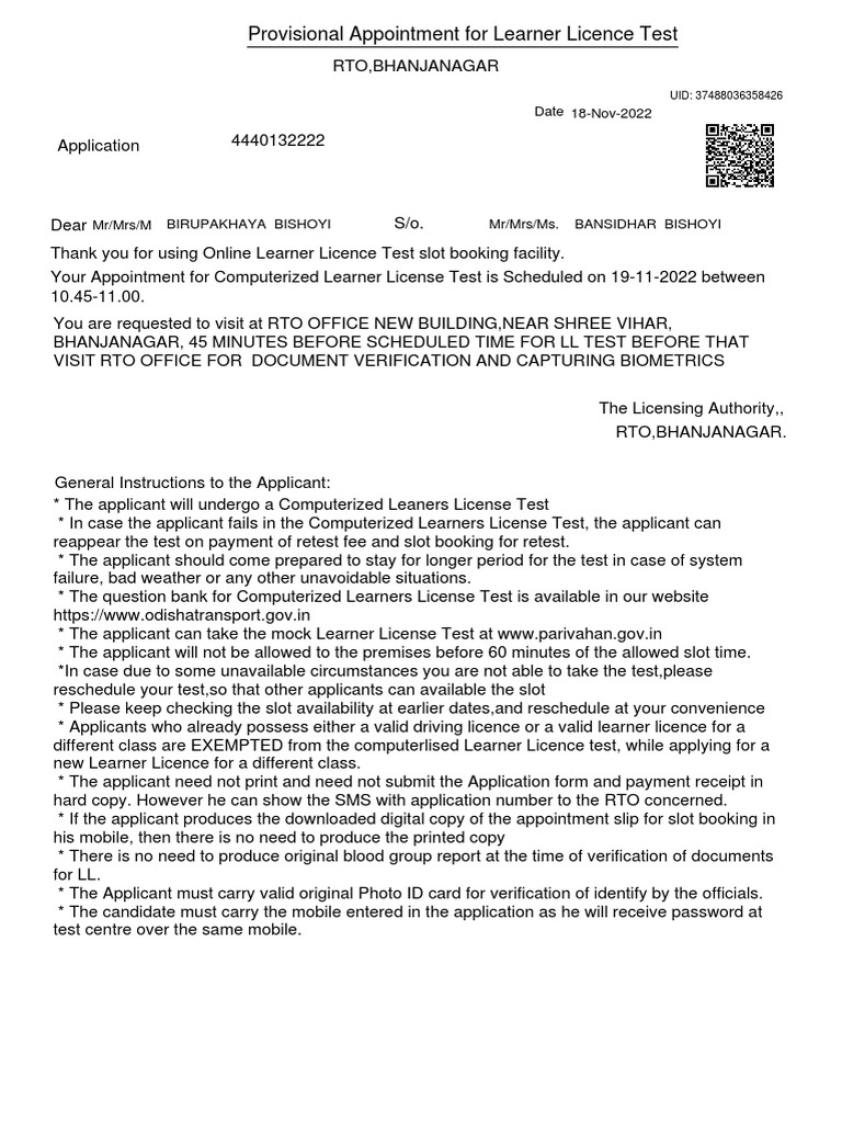 Provisional appointment for learner licence test 18 nov 2022 date
