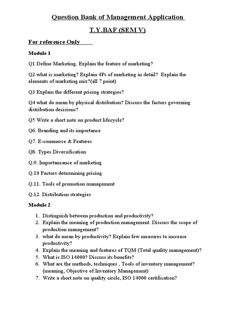 Question Bank of Management Application TYBAF | PDF | Marketing ...