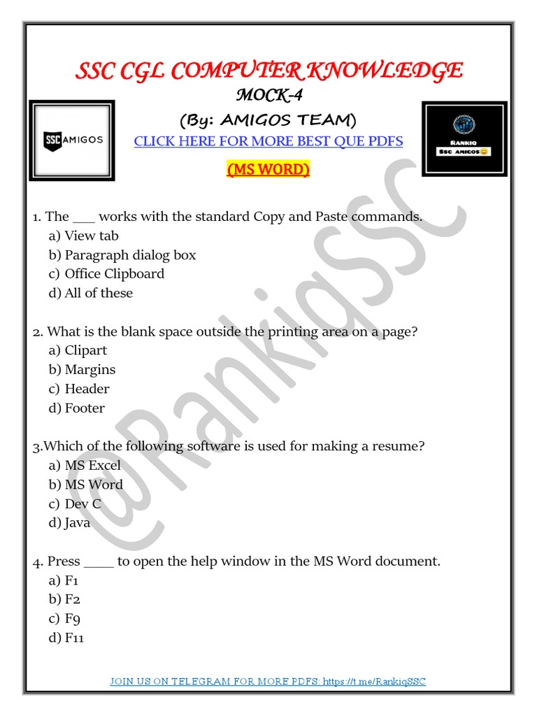 SSC CGL Computer Mock Test4 (MS Word) PDF Microsoft Word Menu
