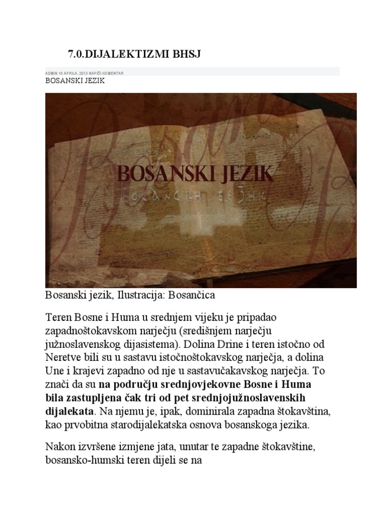 7.0.dijalektizmi BHSJ: Bosanski Jezik | PDF