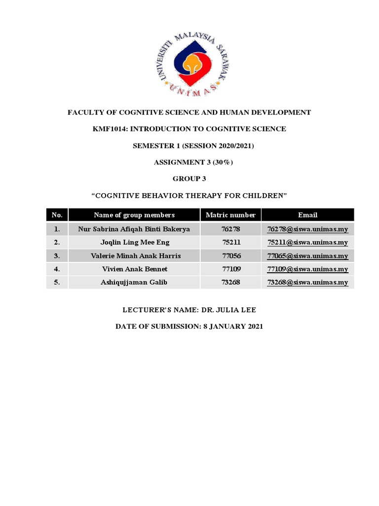 Unimas Assignment Cover Page: CBT for Kids | PDF | Cognitive Behavioral ...