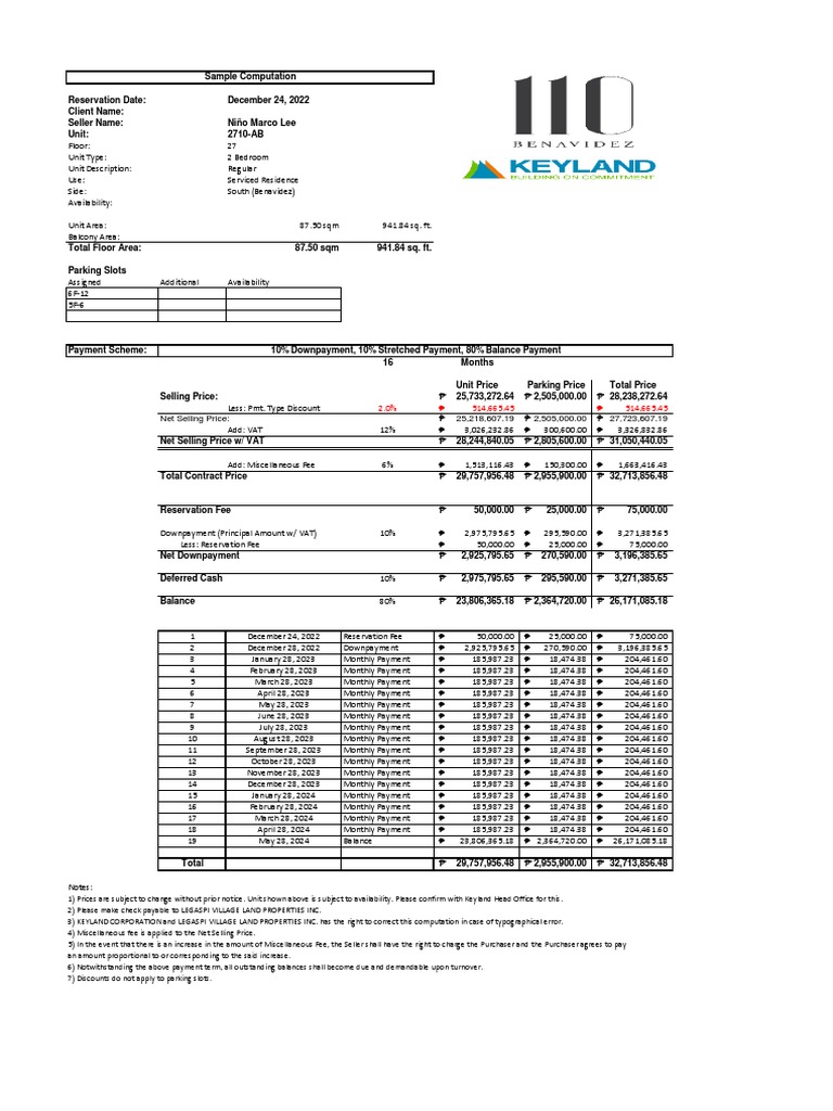 Sample computation residential unit sale pdf fee down payment